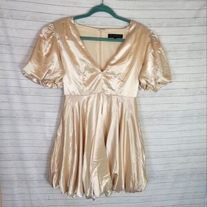 THE VINTAGE SHOP BUBBLE SKIRT & SLEEVE CHAMPAGNE SATIN MINI DRESS, SZ SMALL